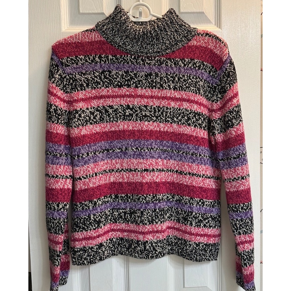 Talbots Petites Striped Mock Neck Sweater Pink Purple Black Marled Knit Small P